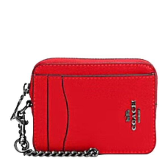 COACH Zip Card Case Cherry Leather Gunmetal Accents Detachable Chain - Picture 2 of 6